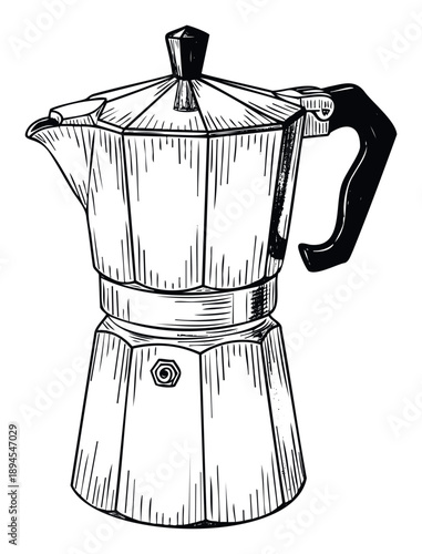 A classic moka pot coffee maker drawing, perfect for culinary lifestyle blogs, restaurant menus, home kitchen decor, and beverage industry branding projects