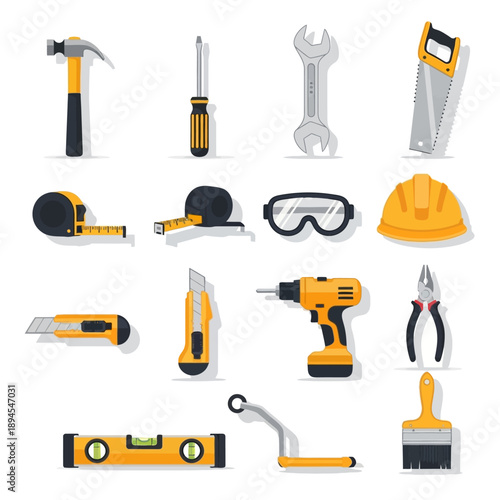 Construction and DIY Tools Icon Set. Building, Home Improvement, and Repair Equipment Collection including Hammer, Drill, Saw, Wrench, and Hard Hat.