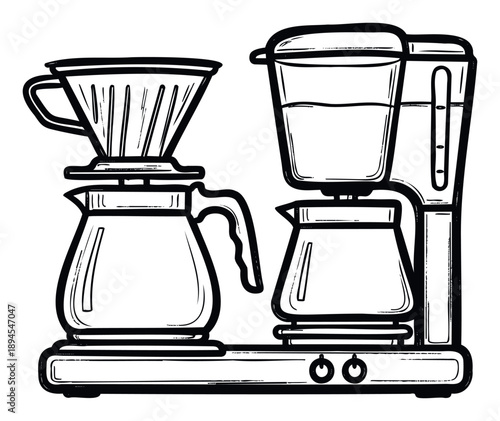 Hand drawn illustration of two types of coffee making equipment, a pour over brewer and a drip machine, ideal for kitchenware catalogs and cafe menu graphics.