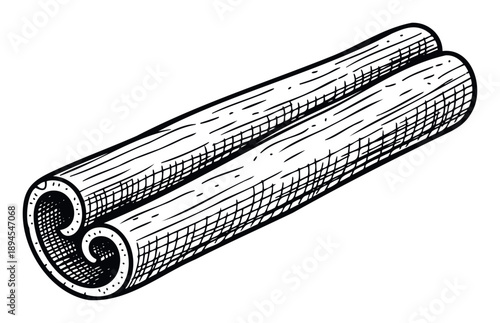 Engraved cinnamon stick drawing perfect for culinary blogs, spice packaging, and cooking recipe books to add an authentic vintage kitchen aesthetic.