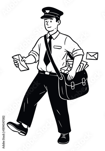 Friendly postal worker in uniform walking confidently while holding an important letter and carrying a bag full of deliveries for use in communication, service, and employment projects