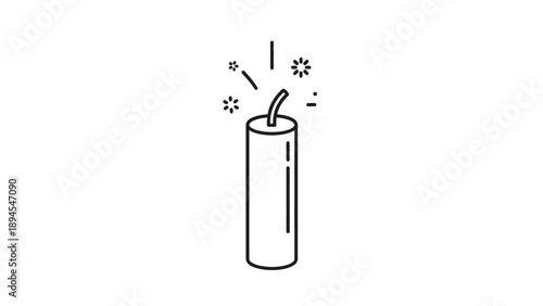 Simple black and white outline icon representing a stick of dynamite or firecracker with a lit fuse sparking against a clean white background for design use.