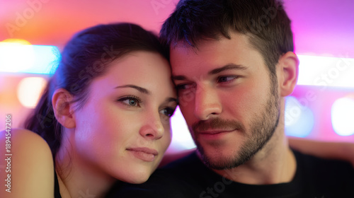 Romantic couple young woman young man soft light neon light intimate moment close up tender gaze Romantic couple share intimate moment soft neon
