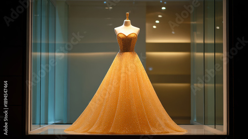 Gold ball gown evening dress boutique window luxury fashion mannequin golden fabric sparkling sequin formal wear glamorous style night event