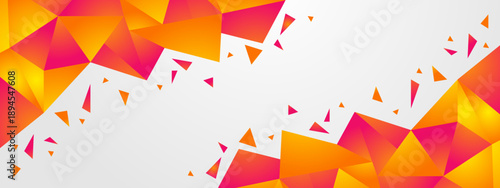 Modern abstract background with orange and pink triangular geometric border and flying shards on white backdrop