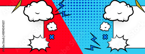 Dynamic VS versus battle screen background in comic book style with red and blue split and explosion clouds
