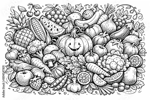 Black and White Illustration of Assorted Fruits and Vegetables