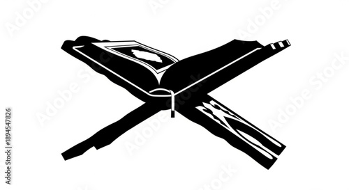Black and white illustration of an open book lying on crossed swords symbolizing knowledge and conflict