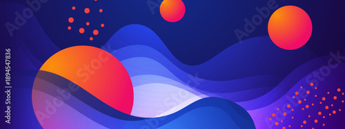 Vibrant blue liquid waves background featuring glowing orange spheres and abstract dot patterns for modern web design