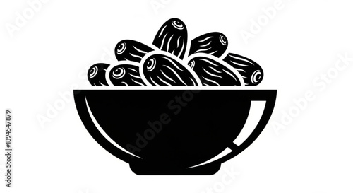 Black and white illustration of a bowl filled with several eggplants on a plain background