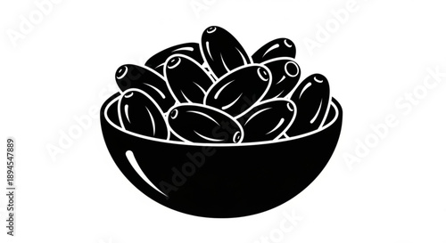 Black and white illustration of a bowl full of dates or olives simple design isolated on white background healthy food concept