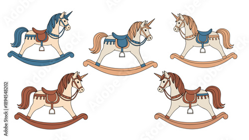 Set of five colorful rocking horse unicorns for children in different shades and positions for nursery or playroom decor.
