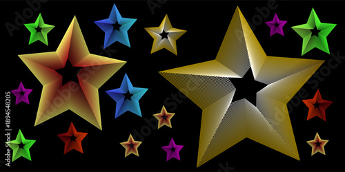 Colorful stars blend effectively. Star frame. Colorful glittering star effect. Isolated on a black transparent background. Vector illustration. Stock image.