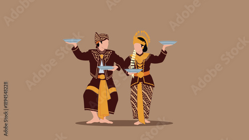 Pair of traditional indonesian dancers in elaborate brown and gold costumes performing the piring plate dance on a brown background.