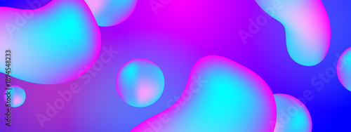 Abstract 3d fluid shapes with vibrant pink and cyan neon gradients on a purple background