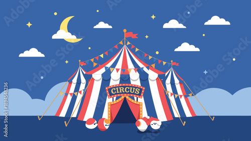 Traditional striped circus tent at night illuminated under a crescent moon and stars with colorful flags and bunting decorations.