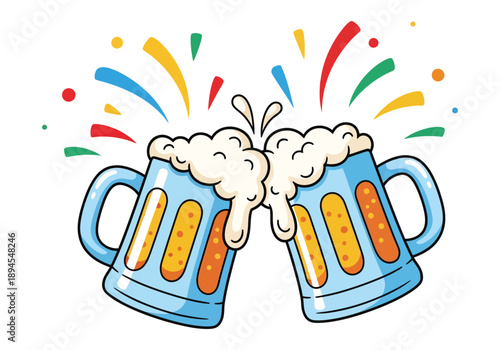 Two beer mugs toasting with foam and colorful celebration lines around them