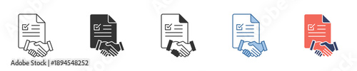 Professional Business Contract and Handshake Icon Set – Representing Agreement, Partnership, and Successful Deal Making in Corporate Transactions