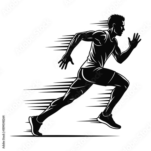 A black and white illustration of a man running quickly with motion lines behind him