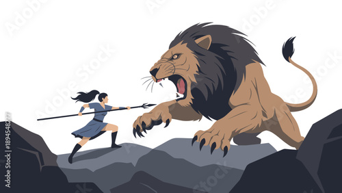 Brave female warrior with a spear facing a massive roaring lion in a dramatic combat scene set among dark rocky terrain.