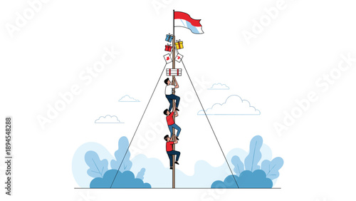 Group of people participating in a traditional panjat pinang competition to celebrate Indonesian independence day with a waving flag.