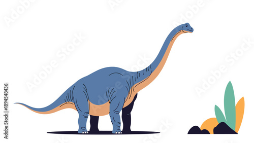 Large blue brachiosaurus dinosaur standing near rocks and colorful plants in a prehistoric landscape illustration on a white background.