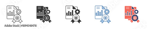 Icon set illustrating certified data analysis reports, performance optimization, and quality assurance processes
