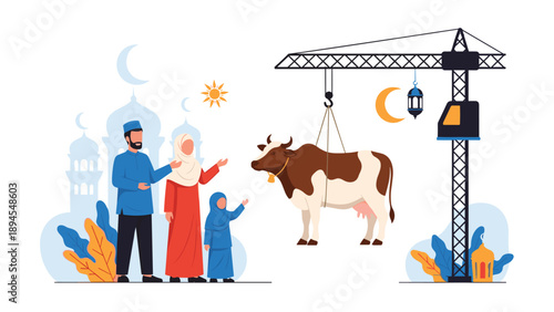 Muslim family with a child standing near a cow being lifted by a construction crane with mosque silhouettes and islamic symbols.