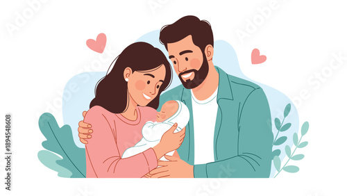 Loving mother and father holding their newborn baby wrapped in a white blanket with hearts and plants in a soft colored background.