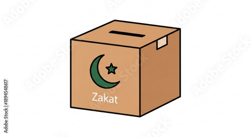 Islamic charity donation box with crescent moon and star symbol on brown cardboard