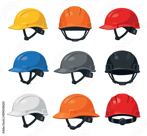 Cartoon style safety helmets set featuring various colors and angles for workplace safety and construction themes