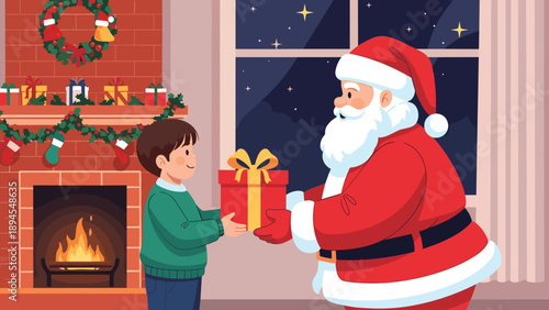 Santa Claus in a red suit giving a wrapped gift box to a young boy in a cozy living room with a decorated fireplace and tree.