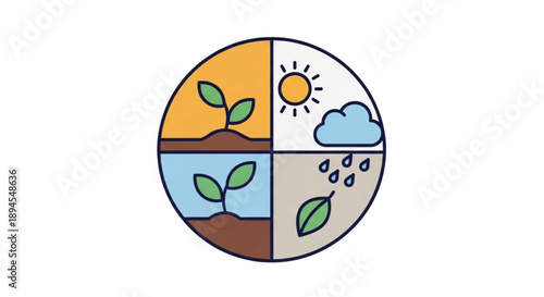 Seasonal cycle of plant growth with sun rain and weather changes in four sections