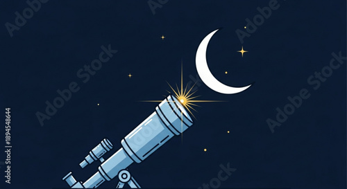 Telescope pointing at crescent moon in starry night sky with celestial body shining bright