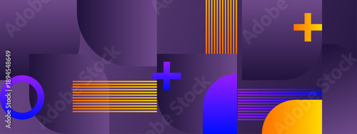 Modern purple background featuring a combination of geometric circles plus signs and orange lines