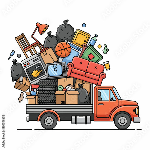 A cartoon truck overflowing with household items