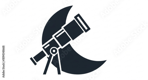 Telescope on tripod points at crescent moon in night sky astronomy and stargazing concept