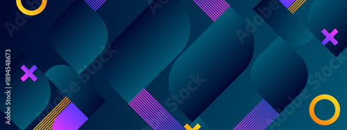 Sophisticated teal background with diagonal geometric blocks and colorful cross symbols in a modern style