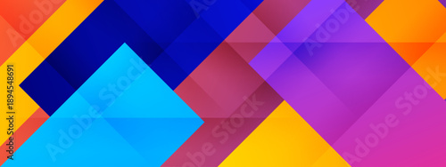 Colorful background with overlapping blue orange and purple transparent square shapes in a dynamic layout