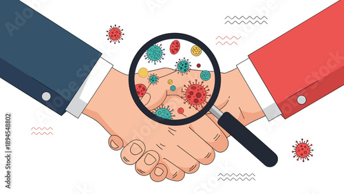 Two business people shaking hands while a magnifying glass reveals various dangerous virus and bacteria particles between their palms.