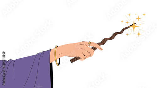 Magician hand in a purple sleeve holding a brown wavy magic wand that is casting golden sparkles and stars on a white background.