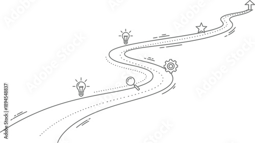 Winding black and white line art depicts a journey path illustrating business goals research development success and final achievement icon sequence.