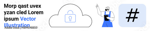 Cloud with lock icon signifying data security, engineer with tablet, and metadata tag symbol. Ideal for cybersecurity, technology, cloud services, encryption, IT solutions, networking simple landing