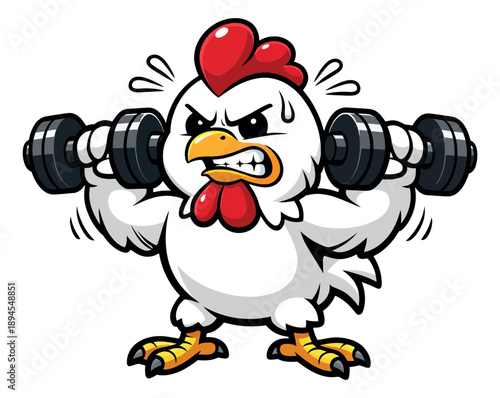 Cartoon illustration of a chicken depicting lifting dumbbells for fitness and exercise