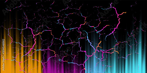 Colorful grunge texture on black background. metal texture. Vector halftone gradient effect. Vibrant abstract background. Retro 80's style colors and textures.