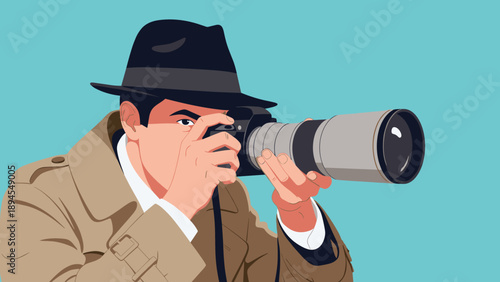 Man wearing a trench coat and fedora hat using a professional camera with a long telephoto lens on a solid blue background.