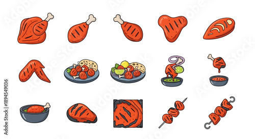 Tandoori Chicken Vector Icon Set: Grilled Indian Cuisine Illustrations of Roasted Chicken Drumsticks, Wings, Tikka Kabobs, and Platter with Lemon and Chutney Sauce