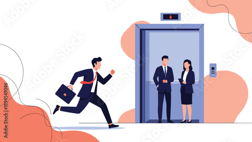 Hurrying businessman carrying a briefcase and running towards an elevator where two colleagues are waiting behind closing doors.