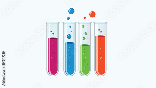 Four glass test tubes filled with pink, blue, green, and orange bubbling liquids representing laboratory research and chemistry.