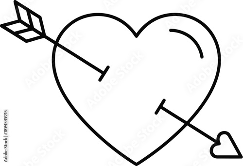 Minimalist black and white line art icon depicting a heart pierced clean through by an arrow symbolizing classic romance and deep affection ready for design use.